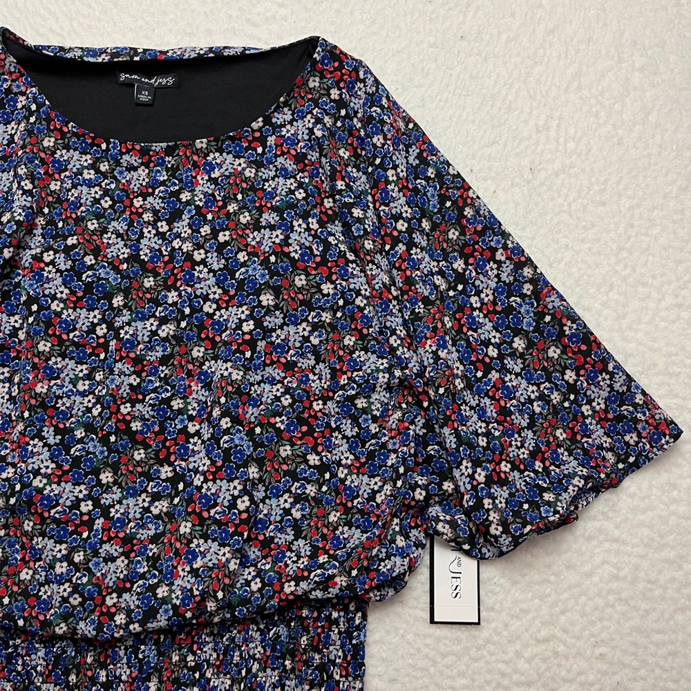 Sam and Jess‎ Blouse Womens XS Black Multi Floral Smocked Waist Dolman